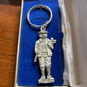 Vintage FORT Pewter Key Chain English Male Golfer Original Gift Box